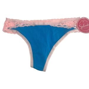 Splendies Thong Panty Blue Pink Trim Lace Accent Womens Size Small